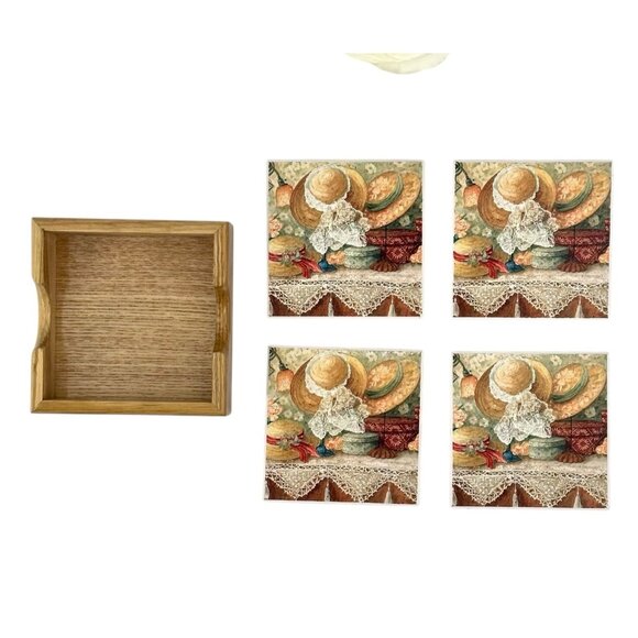 Vintage Anna Krajewski Tile Cork Coasters Set Of 4 With Wood Case Country Hats - Picture 1 of 11